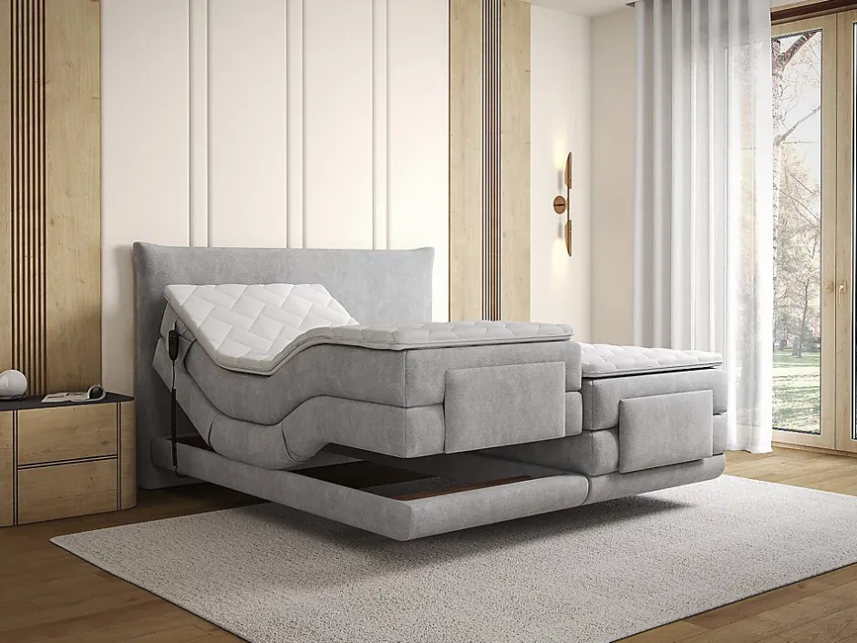 Vente-unique Ensemble complet boxspring tête de lit + sommiers relaxation électrique + matelas + surmatelas - 2 x 90 x 200 cm - Tissu - Gris Sale
