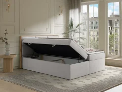 Vente-unique Ensemble complet literie déco tête de lit encadré bois + sommiers coffre + matelas + surmatelas - 160 x 200 cm - Tissu - Gris