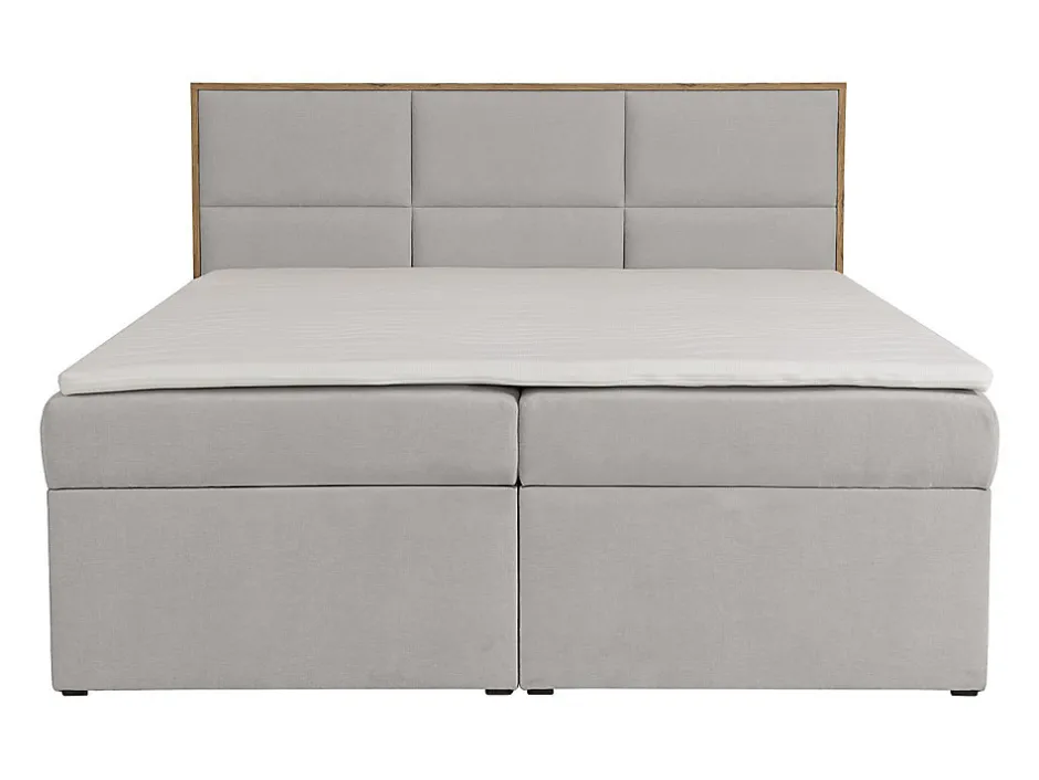 Vente-unique Ensemble complet literie déco tête de lit encadré bois + sommiers coffre + matelas + surmatelas - 160 x 200 cm - Tissu - Gris
