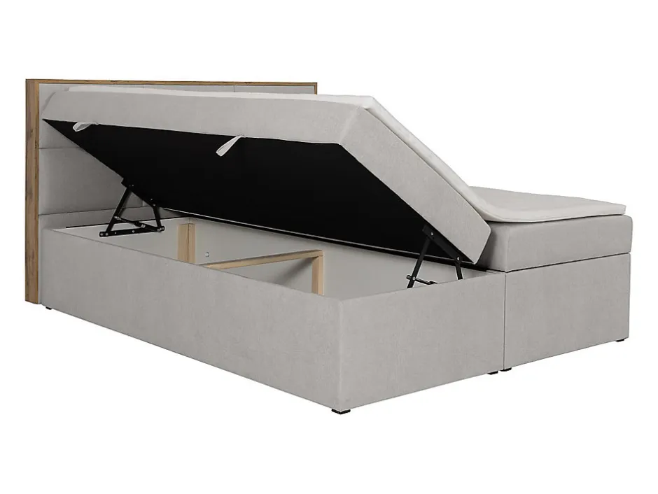 Vente-unique Ensemble complet literie déco tête de lit encadré bois + sommiers coffre + matelas + surmatelas - 160 x 200 cm - Tissu - Gris