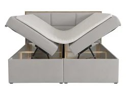 Vente-unique Ensemble complet literie déco tête de lit encadré bois + sommiers coffre + matelas + surmatelas - 160 x 200 cm - Tissu - Gris