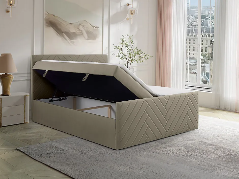 Vente-unique Ensemble complet literie déco tête de lit + sommiers coffre + matelas + surmatelas - 180 x 200 cm - Velours - Taupe - MAKANA de New