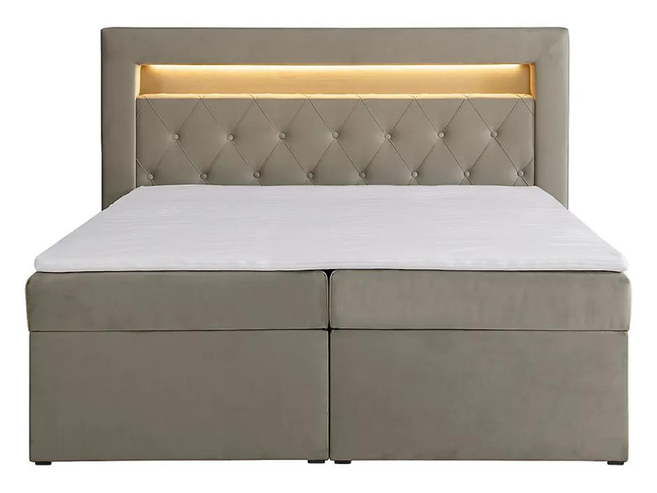 Vente-unique Ensemble complet literie déco tête de lit avec led + sommiers coffre + matelas + surmatelas - 180 x 200 cm - Velours - Taupe -