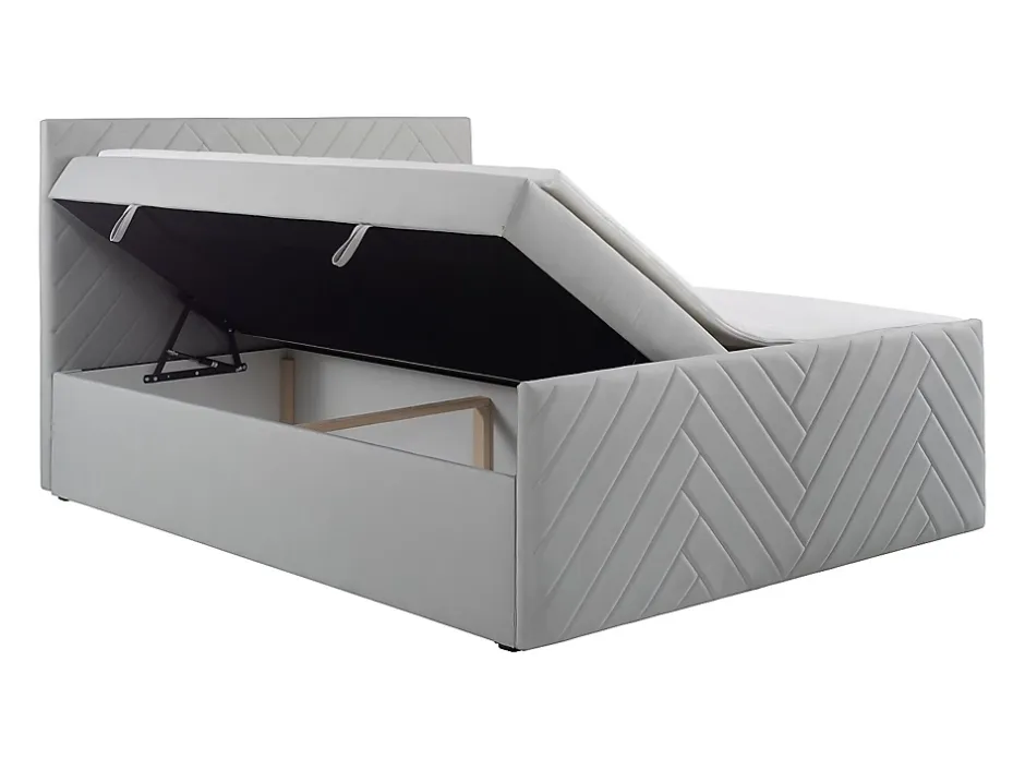 Vente-unique Ensemble complet literie déco tête de lit + sommiers coffre + matelas + surmatelas - 160 x 200 cm - Velours - Gris clair - MAKANA