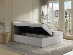 Vente-unique Ensemble complet literie déco tête de lit encadré bois + sommiers coffre + matelas + surmatelas - 180 x 200 cm - Tissu - Gris Sale