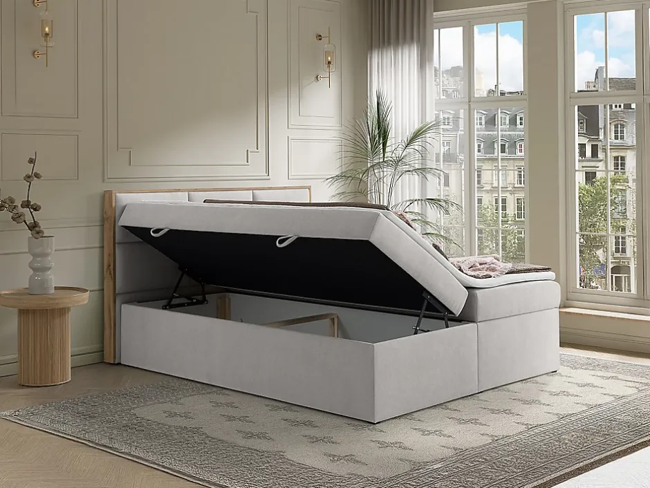 Vente-unique Ensemble complet literie déco tête de lit encadré bois + sommiers coffre + matelas + surmatelas - 180 x 200 cm - Tissu - Gris Sale
