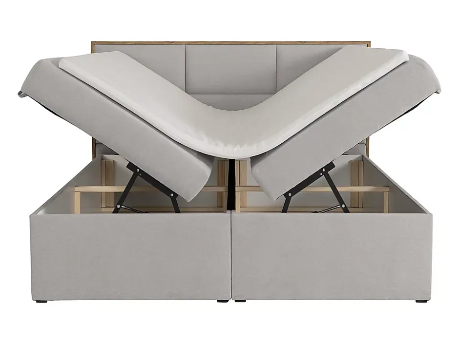 Vente-unique Ensemble complet literie déco tête de lit encadré bois + sommiers coffre + matelas + surmatelas - 180 x 200 cm - Tissu - Gris Sale