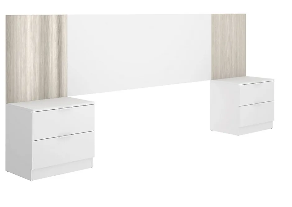 Pegane Ensemble de Tête de lit avec 2 tables de chevet de 2 tiroirs coloris imitation lamelles, blanc