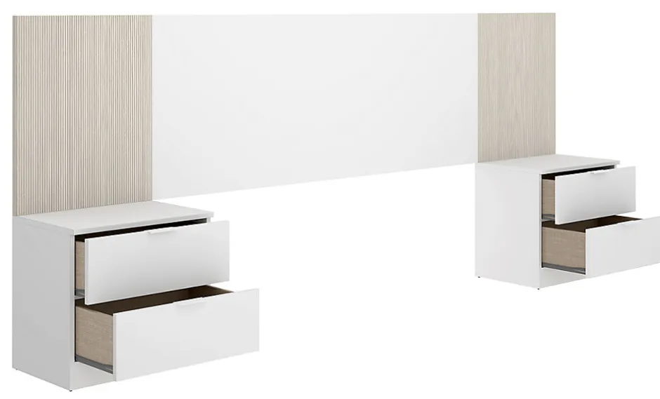 Pegane Ensemble de Tête de lit avec 2 tables de chevet de 2 tiroirs coloris imitation lamelles, blanc