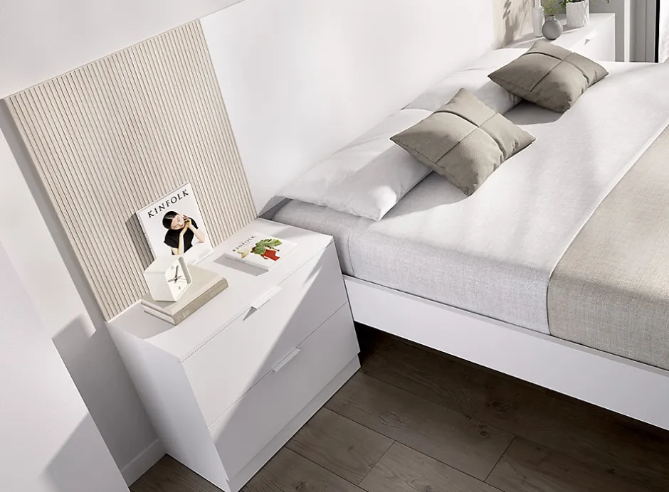 Pegane Ensemble de Tête de lit avec 2 tables de chevet de 2 tiroirs coloris imitation lamelles, blanc