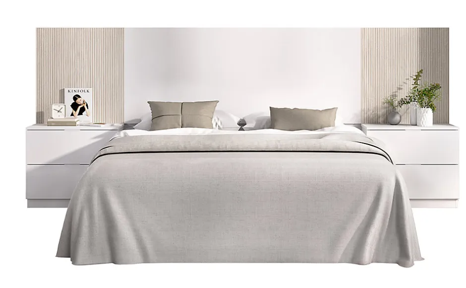 Pegane Ensemble de Tête de lit avec 2 tables de chevet de 2 tiroirs coloris imitation lamelles, blanc