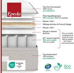 Epeda Ensemble L'ESCAPADE + Sommier Confort Medium + Pieds 200x200 Gris souris Ressorts et mousse à mémoire de forme