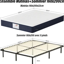 Teeno Ensemble Matelas à ressorts +Sommier à Lattes sur Pieds, 160x200cm, Epaisseur du Matelas 22cm