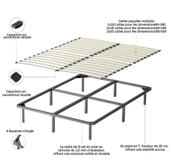Teeno Ensemble Matelas à ressorts +Sommier à Lattes sur Pieds, 160x200cm, Epaisseur du Matelas 22cm
