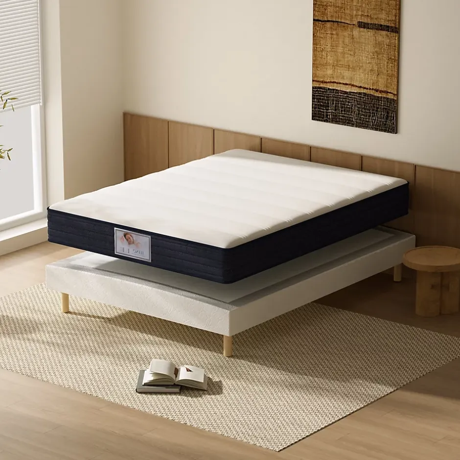 Teeno Ensemble Matelas à ressorts+ Lit Sommier Tapissier Déco 140x190cm, Epaisseur du Matelas 22cm Discount
