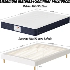 Teeno Ensemble Matelas à ressorts+ Lit Sommier Tapissier Déco 140x190cm, Epaisseur du Matelas 22cm Discount