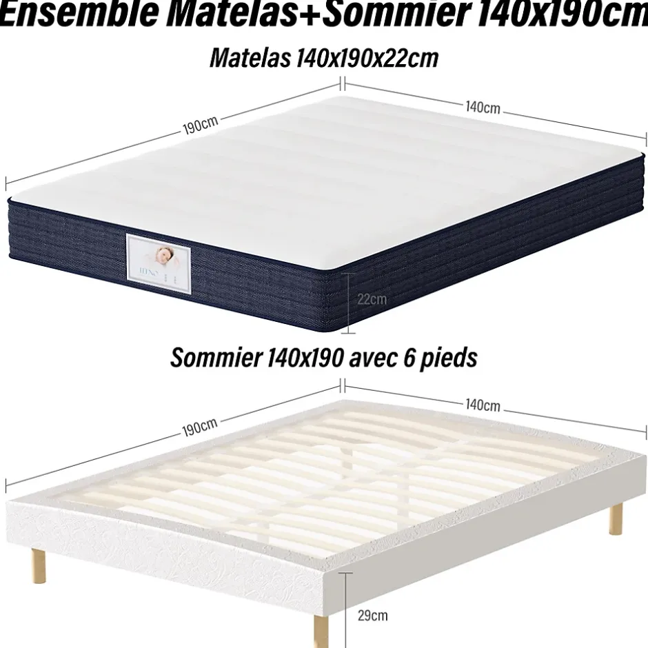 Teeno Ensemble Matelas à ressorts+ Lit Sommier Tapissier Déco 140x190cm, Epaisseur du Matelas 22cm Discount