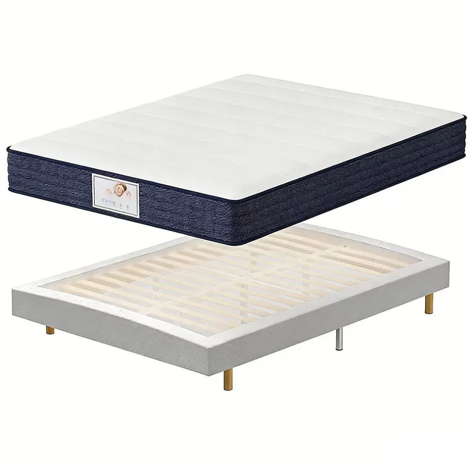 Teeno Ensemble Matelas à ressorts+ Lit Sommier Tapissier Déco 140x190cm, Epaisseur du Matelas 22cm Discount