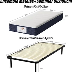 Teeno Ensemble Matelas à ressorts +Sommier à Lattes sur Pieds, 90x190cm, Epaisseur du Matelas 22cm