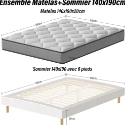 Teeno Ensemble Matelas à ressorts+ Lit Sommier Tapissier Déco 140x190cm, Epaisseur du Matelas 20cm New