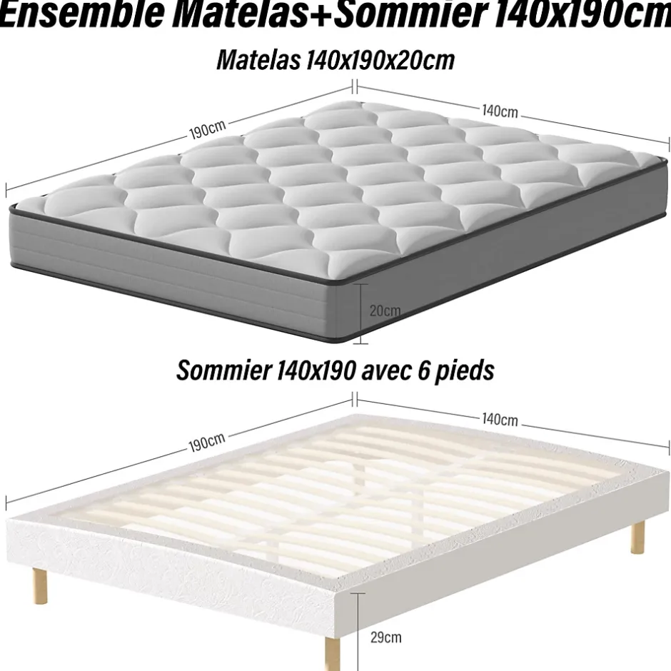 Teeno Ensemble Matelas à ressorts+ Lit Sommier Tapissier Déco 140x190cm, Epaisseur du Matelas 20cm New