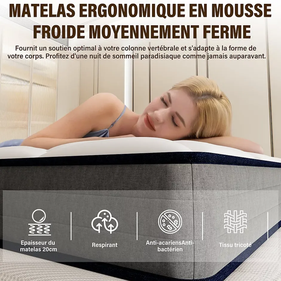 Teeno Ensemble Matelas à ressorts +Sommier à Lattes sur Pieds, 160x200cm, Epaisseur du Matelas 20cm Clearance