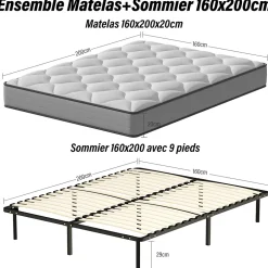 Teeno Ensemble Matelas à ressorts +Sommier à Lattes sur Pieds, 160x200cm, Epaisseur du Matelas 20cm Clearance