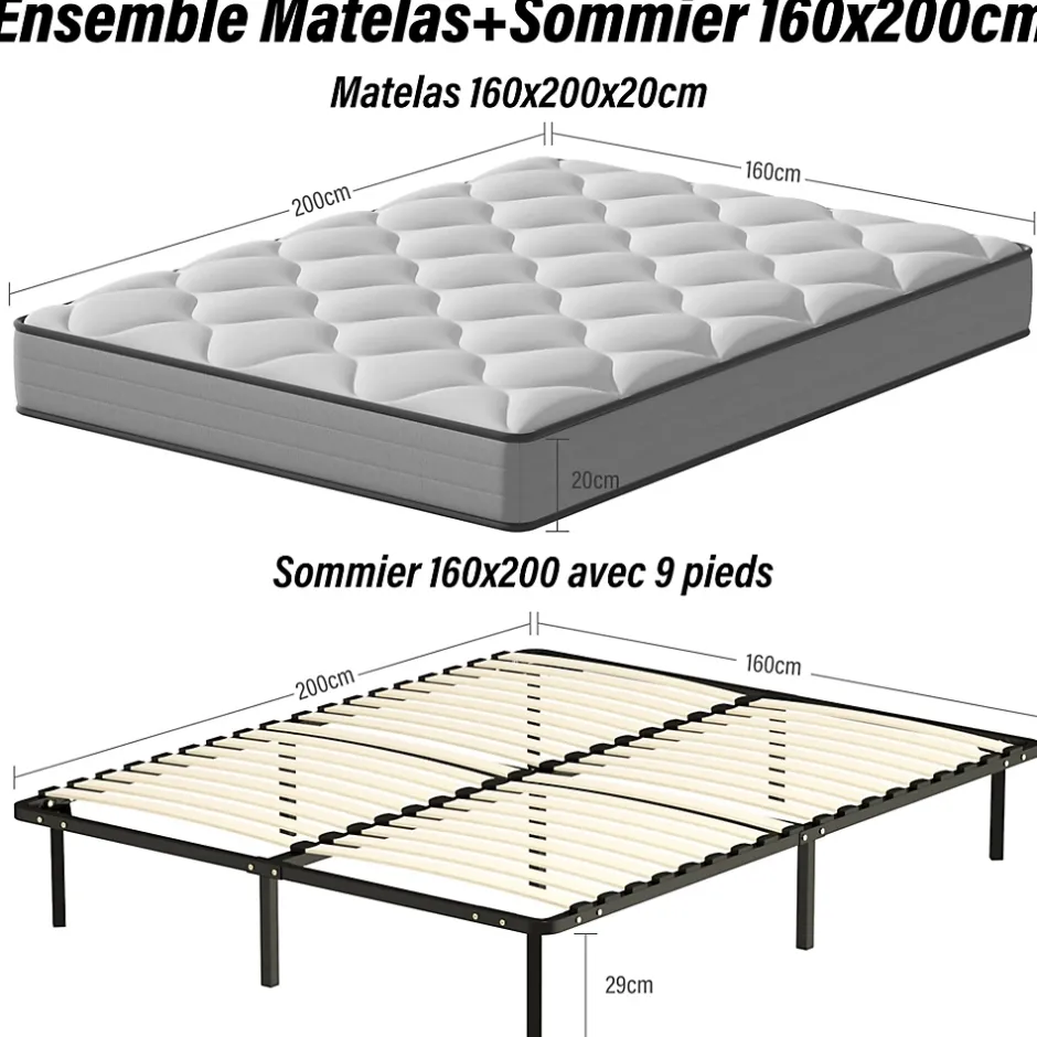 Teeno Ensemble Matelas à ressorts +Sommier à Lattes sur Pieds, 160x200cm, Epaisseur du Matelas 20cm Clearance