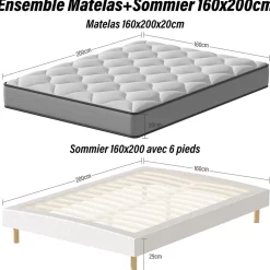 Teeno Ensemble Matelas à ressorts+ Lit Sommier Tapissier Déco 160x200cm, Epaisseur du Matelas 20cm