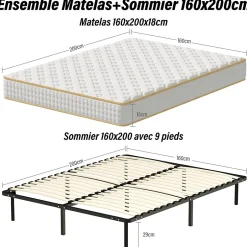 Teeno Ensemble Matelas en mousse + Sommier à Lattes 160x200cm, Epaisseur du Matelas 18 cm Best