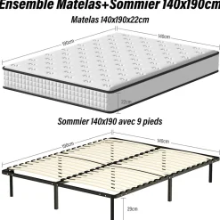 Teeno Ensemble Matelas en mousse + Sommier à Lattes 140x190cm, Epaisseur du Matelas 22cm