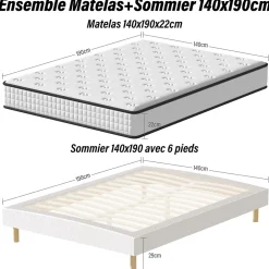 Teeno Ensemble Matelas en Mousse+ Lit Sommier Tapissier Déco 140x190cm, Epaisseur du Matelas 22cm Best