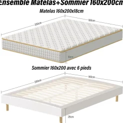 Teeno Ensemble Matelas en Mousse+ Lit Sommier Tapissier Déco 160x200cm, Epaisseur du Matelas 18cm Hot