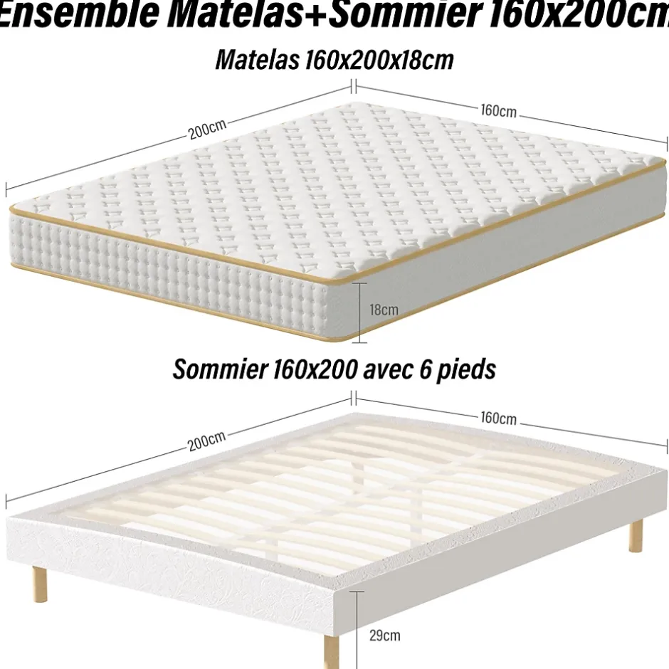Teeno Ensemble Matelas en Mousse+ Lit Sommier Tapissier Déco 160x200cm, Epaisseur du Matelas 18cm Hot