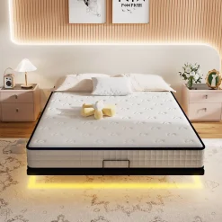 Teeno Ensemble matelas LED 140x190 cm - matelas en mousse de 22 cm d'épaisseur + cadre de lit en métal avec éclairage LED