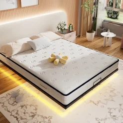 Teeno Ensemble matelas LED 140x190 cm - matelas en mousse de 22 cm d'épaisseur + cadre de lit en métal avec éclairage LED