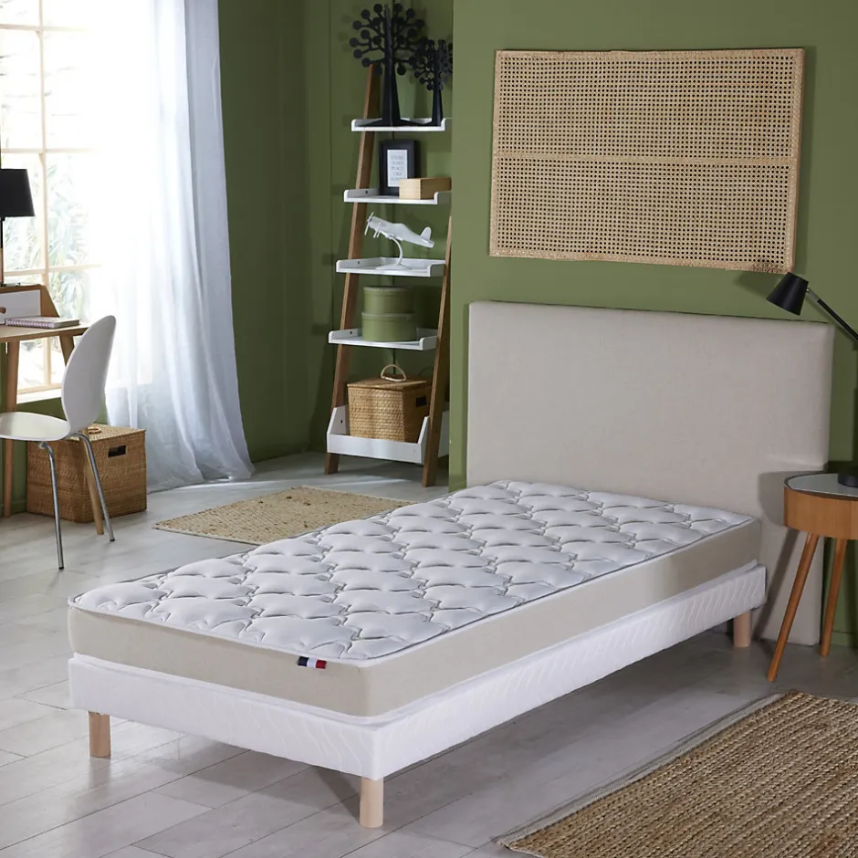 Idliterie Ensemble Matelas Mousse Haute Résilience ESSENCE + Latex 3 zones +Sommier - Made in France 90 x 190 cm, Sommier - Blanc