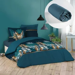 L'Effet Papillon Ensemble parure de couette 260x240 cm Alianor + drap housse 160x200 Bleu