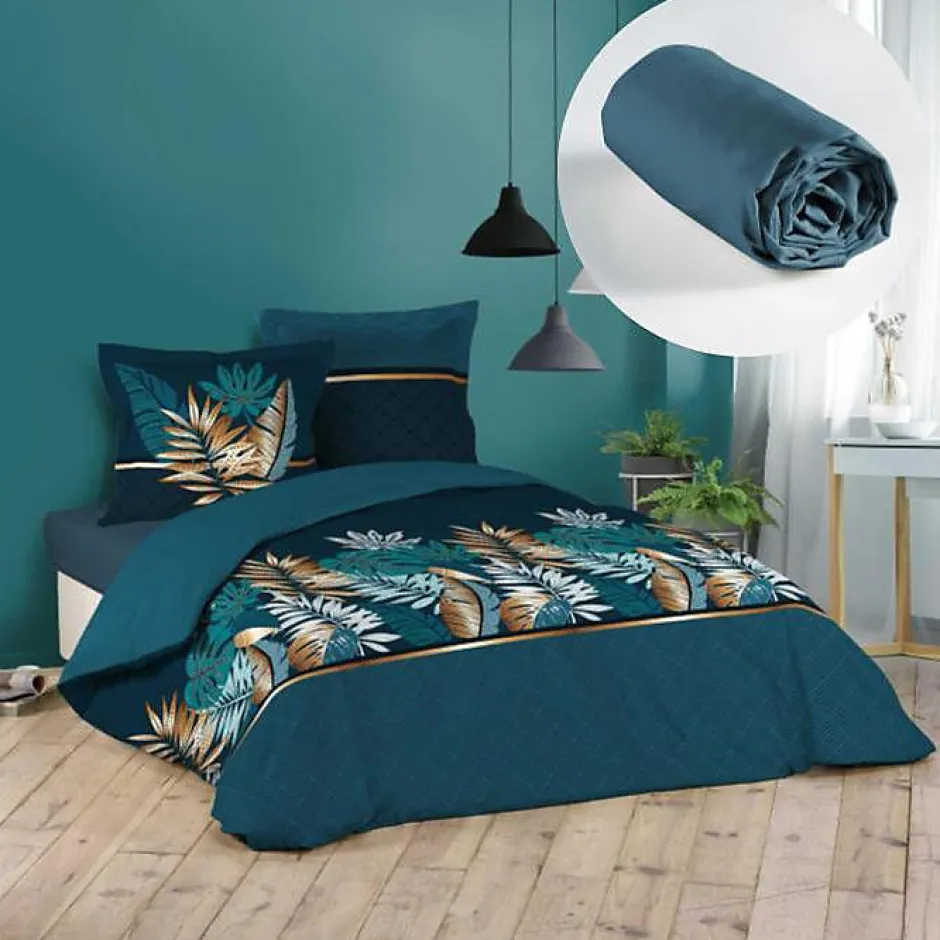 L'Effet Papillon Ensemble parure de couette 260x240 cm Alianor + drap housse 160x200 Bleu