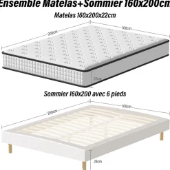 Teeno Ensemble 160x200 cm Matelas en Mousse+ Lit Sommier Tapissier Déco, Epaisseur du Matelas 22cm