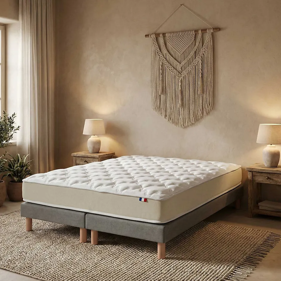 Idliterie Ensemble 180x200 Matelas polylatex 80 kg/m3 et sommier tapissier beige New