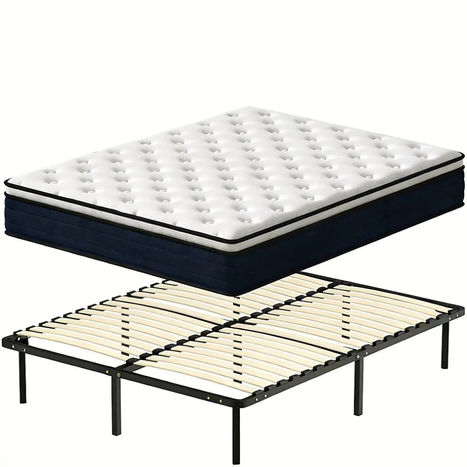 Teeno Ensemble 140x190cm Matelas à ressorts +Sommier à Lattes sur Pieds, Epaisseur du Matelas 25cm