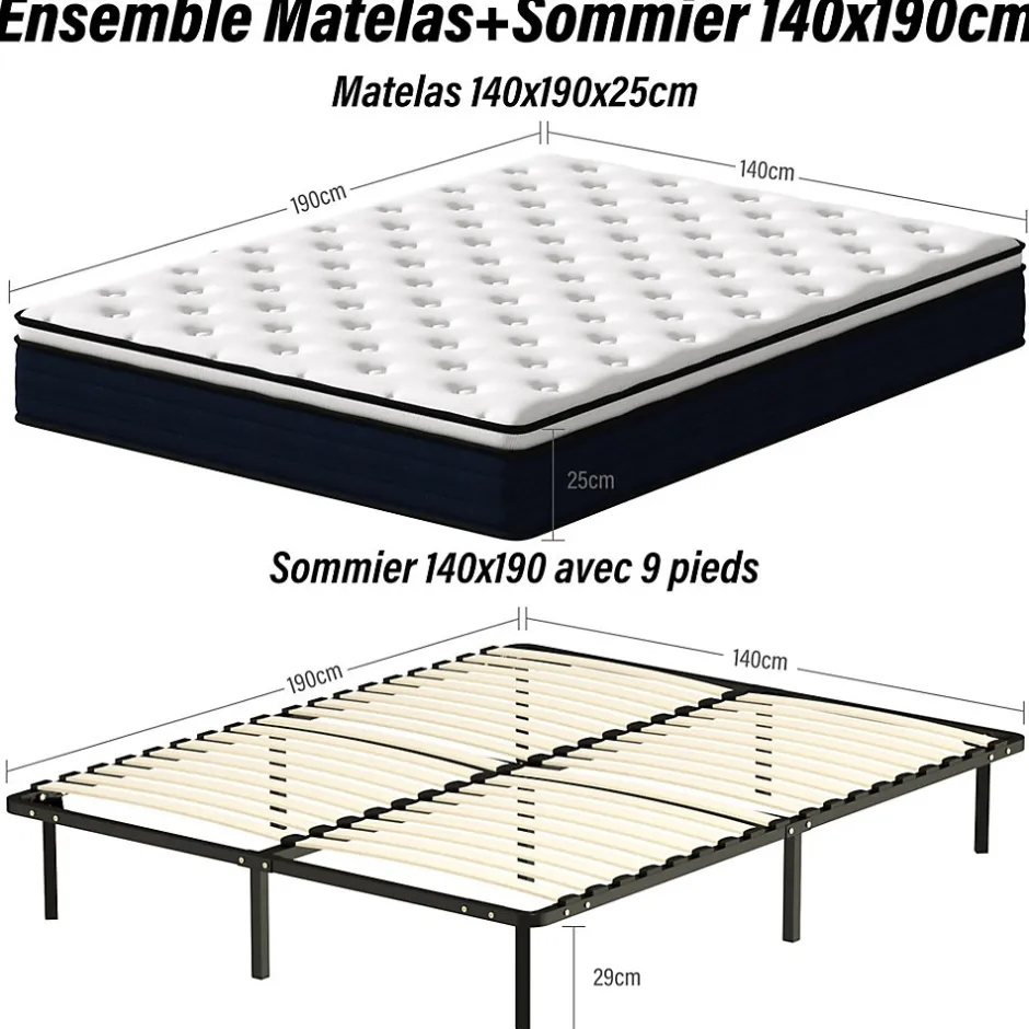 Teeno Ensemble 140x190cm Matelas à ressorts +Sommier à Lattes sur Pieds, Epaisseur du Matelas 25cm
