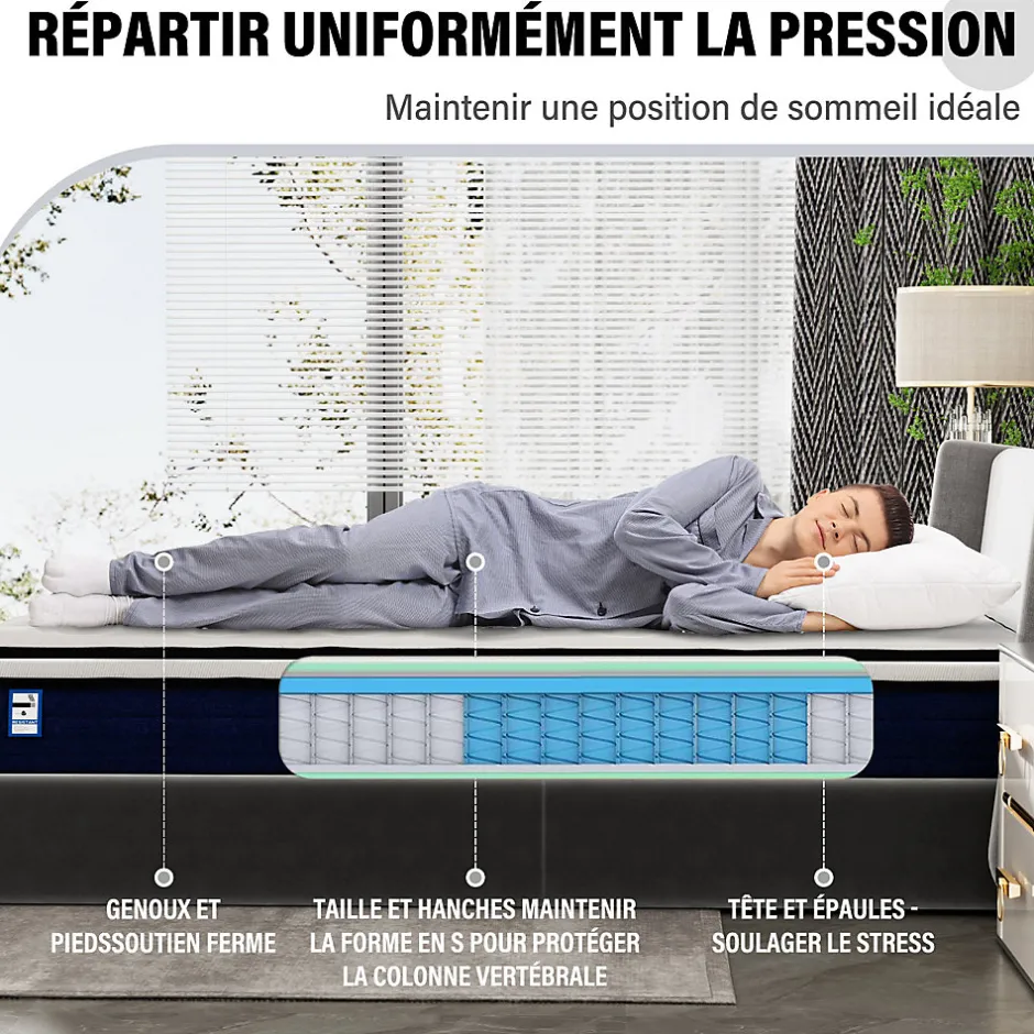 Teeno Ensemble 140x190cm Matelas à ressorts +Sommier à Lattes sur Pieds, Epaisseur du Matelas 25cm