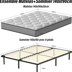 Teeno Ensemble 140x190cm Matelas à ressorts +Sommier à Lattes sur Pieds, Epaisseur du Matelas 20cm