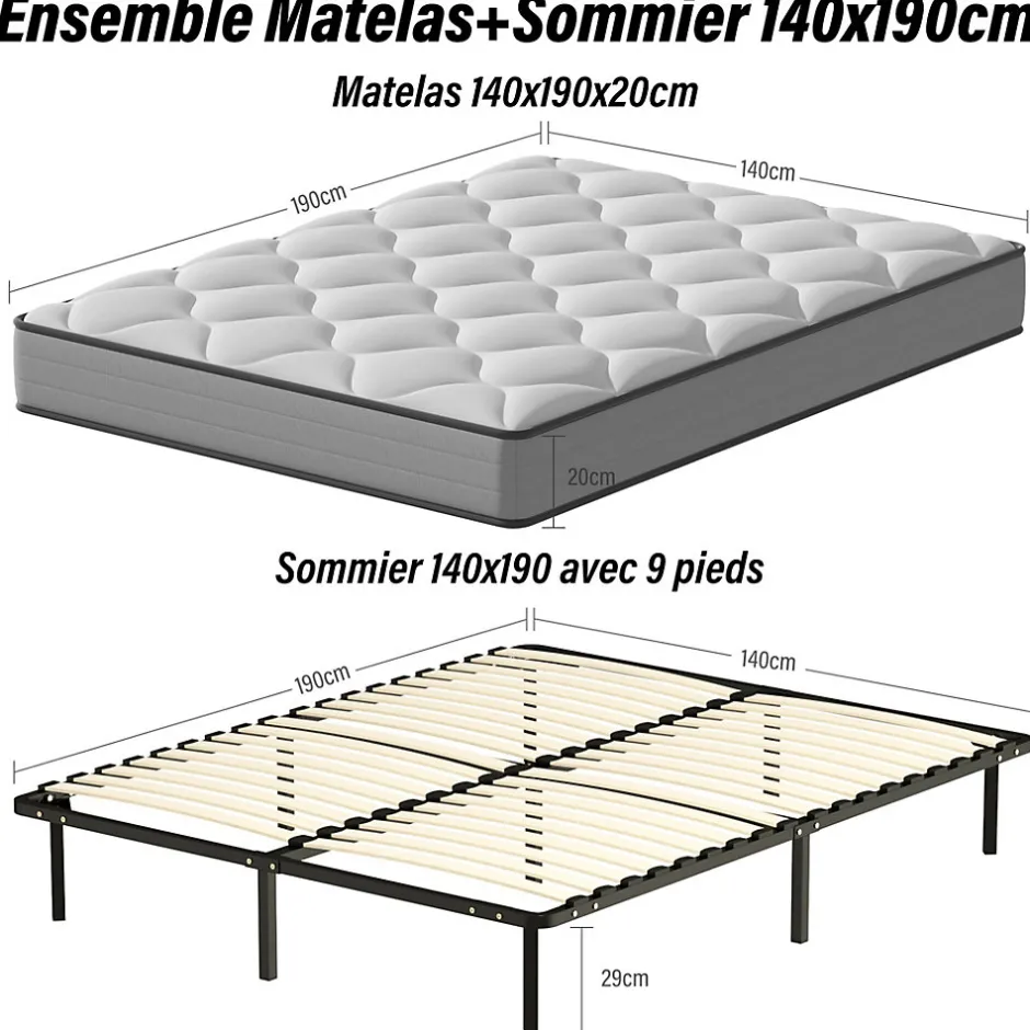Teeno Ensemble 140x190cm Matelas à ressorts +Sommier à Lattes sur Pieds, Epaisseur du Matelas 20cm