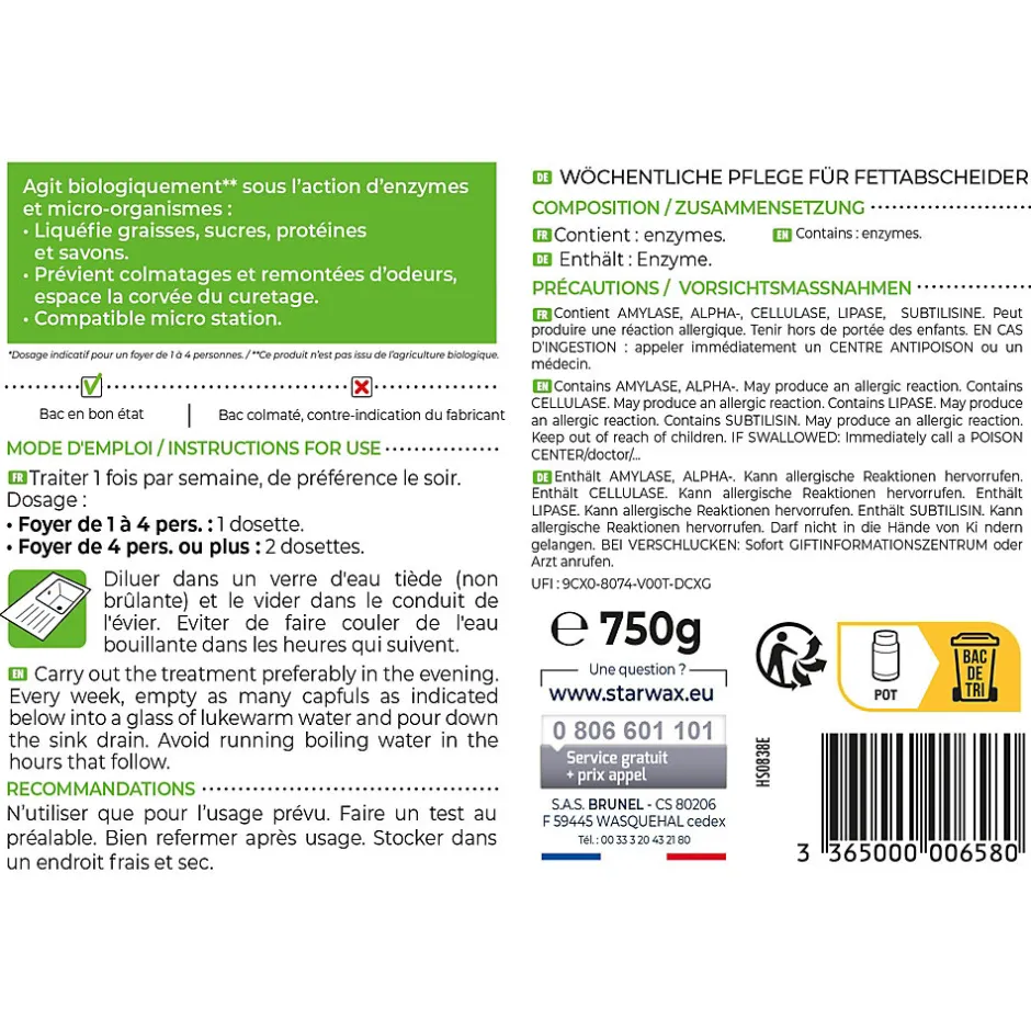 Starwax Entretien hebdomadaire bac à graisses 750g,