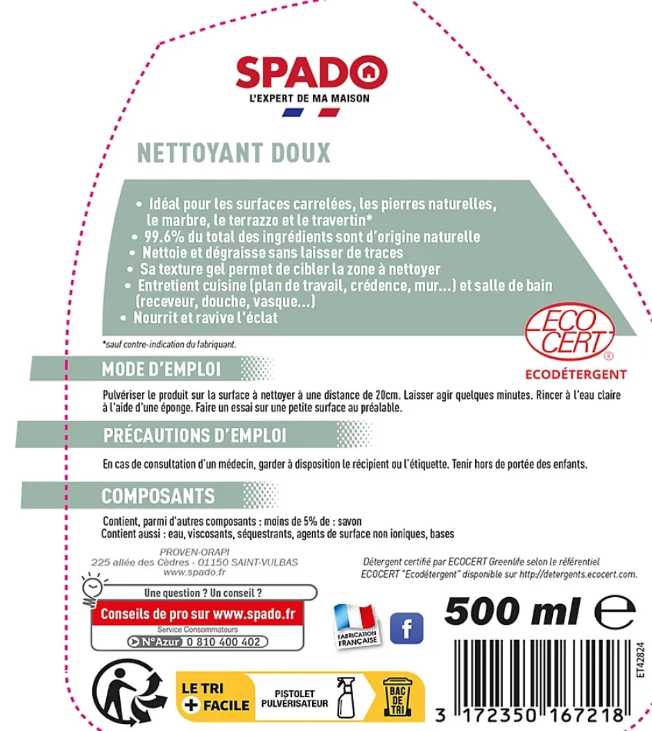 Spado Gel nettoyant doux spécial surfaces poreuses 500ml Best