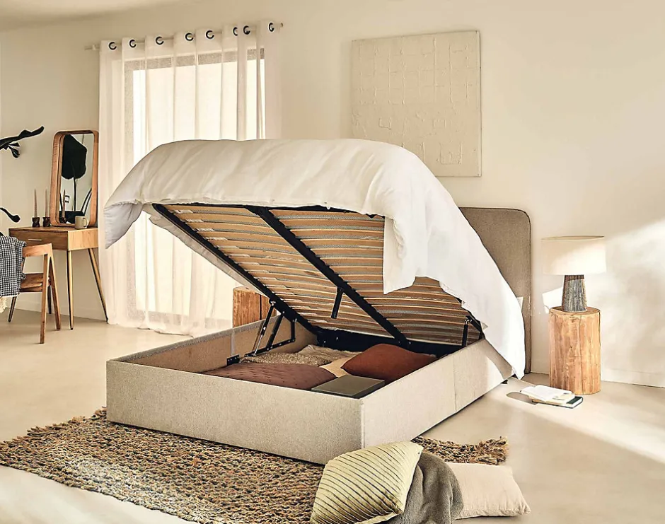 Best Mobilier Goyave - lit coffre - 160x200 - en tissu - sommier inclus -