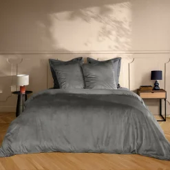 Douceur D'Intérieur Housse de Couette 240 x 220 cm Velours Uni Velina Anthracite + 2 Taies